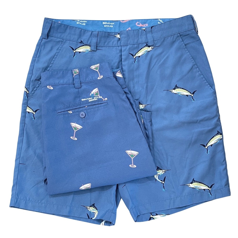Bermuda Styles Lot of 2 Men Shorts 32 Blue Marlin Martini Glass AOP Vacation Fun